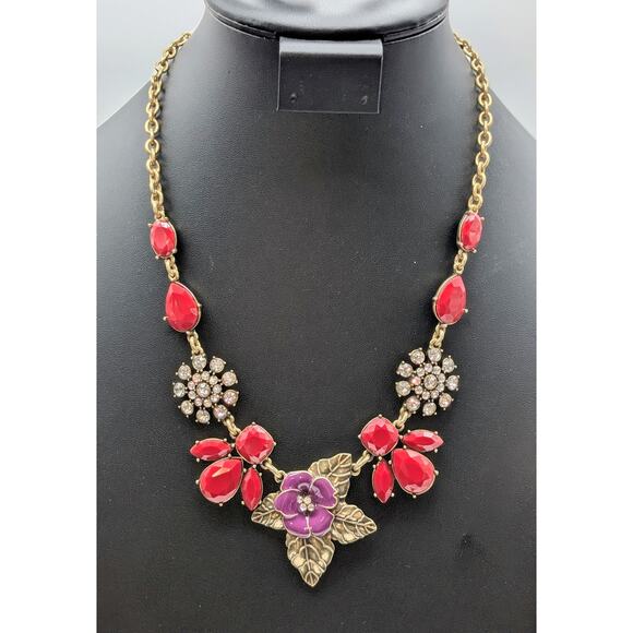 The Delta Box Red Bead Rhinestone Purple Enamel Flower Statement Necklace - Picture 6 of 6